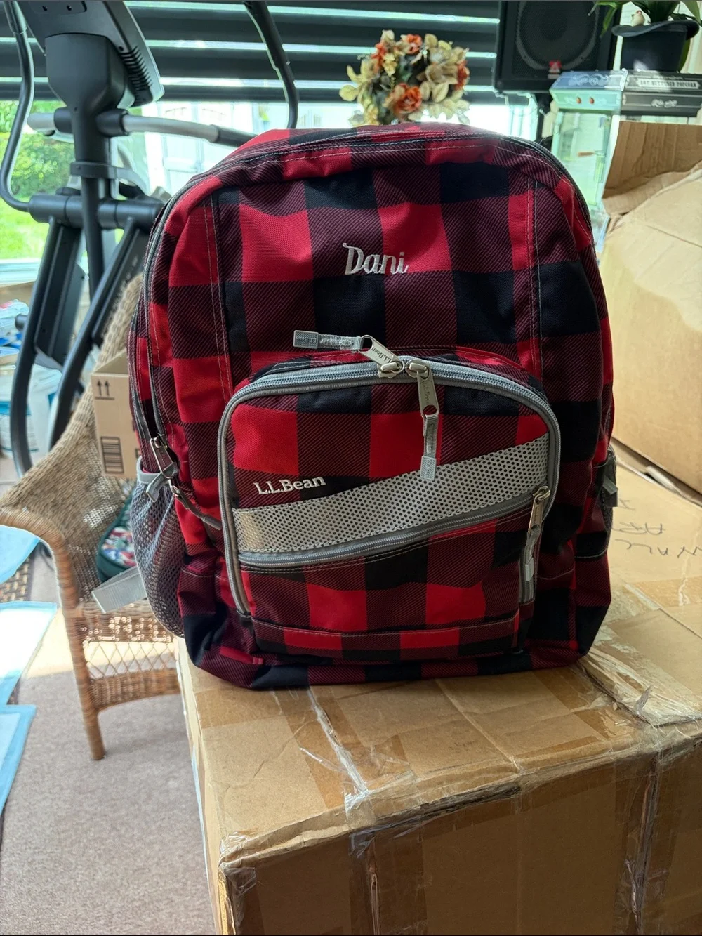 L.L. Bean Red and Black Buffalo Plaid Backpack with Gray Accents